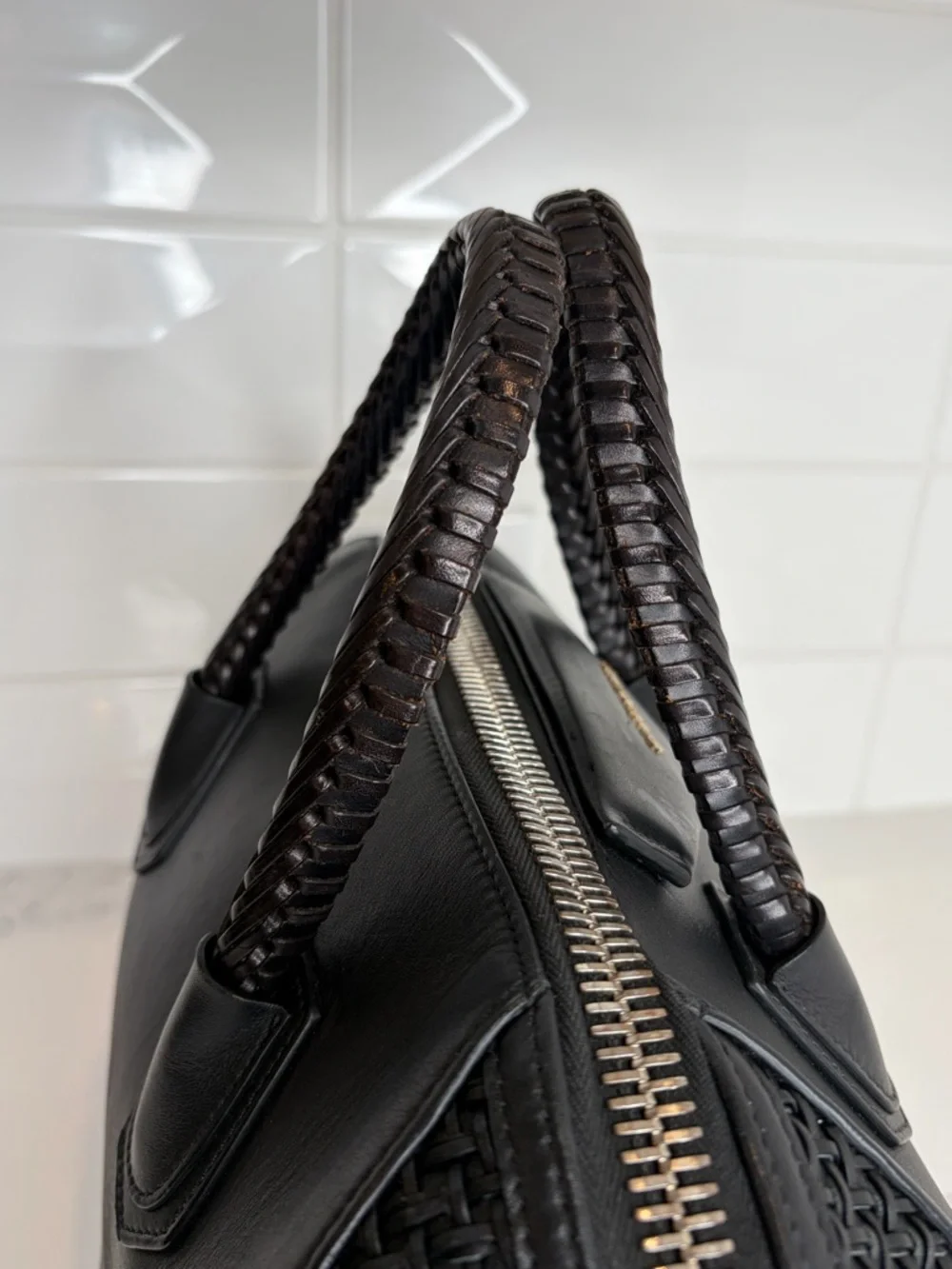 Givenchy Antigona Medium Black Leather Satchel Woven Panel